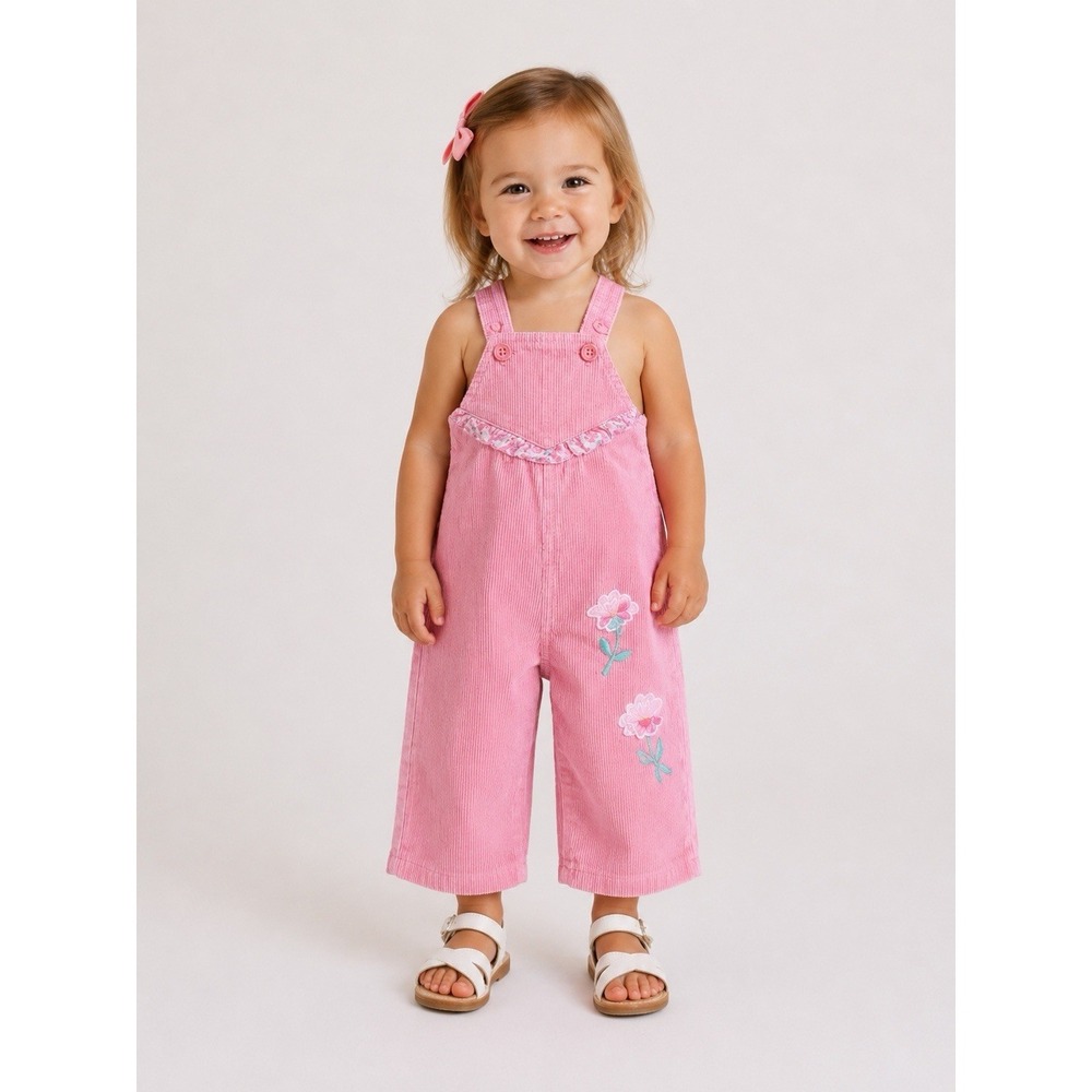 Vintage Sears Girl's Pink Corduroy Overalls Embroidered Flowers Size 3-6 M Y2K